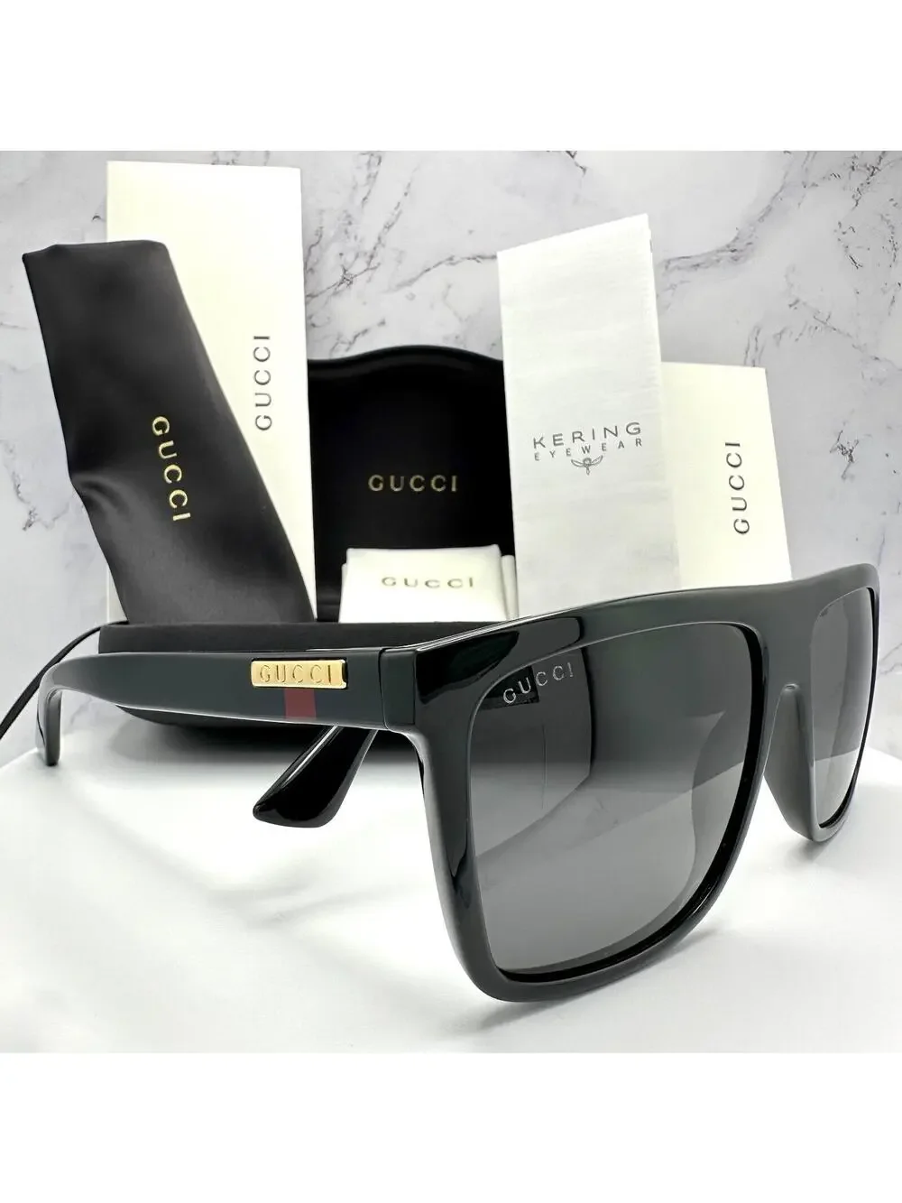 New GUCCI Sunglasses Black Square Aviator Gold Plate Engraved Logo Web Arm GUCCI